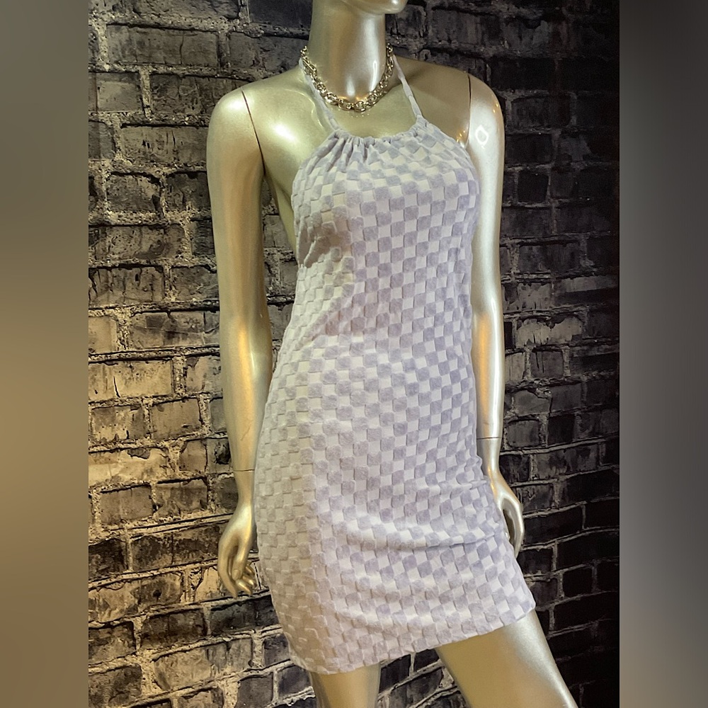 Baby Blue Checkered Print Halter Mini Dress